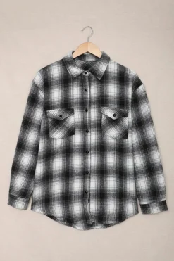 Sale Dear-Lover Buttons Pocketed Plaid Shacket Black