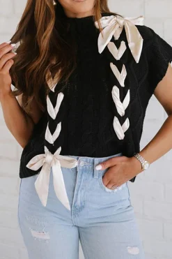 Fashion Dear-Lover Cable Knit Colorblock Satin Bowknot Short Sleeve Sweater Black