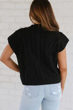 Fashion Dear-Lover Cable Knit Colorblock Satin Bowknot Short Sleeve Sweater Black
