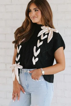 Fashion Dear-Lover Cable Knit Colorblock Satin Bowknot Short Sleeve Sweater Black