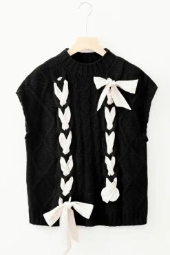 Fashion Dear-Lover Cable Knit Colorblock Satin Bowknot Short Sleeve Sweater Black