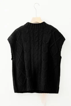 Fashion Dear-Lover Cable Knit Colorblock Satin Bowknot Short Sleeve Sweater Black