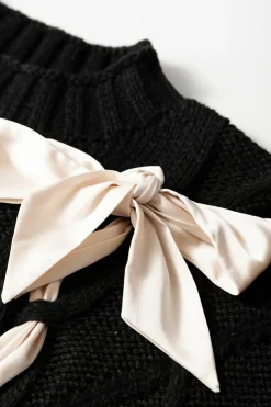 Fashion Dear-Lover Cable Knit Colorblock Satin Bowknot Short Sleeve Sweater Black