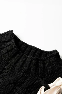 Fashion Dear-Lover Cable Knit Colorblock Satin Bowknot Short Sleeve Sweater Black