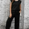Hot Dear-Lover Cable Knit Contrast Trim Short Sleeve Top and Pants Set Black