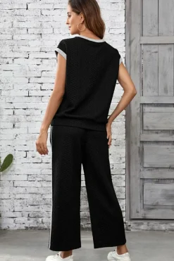 Hot Dear-Lover Cable Knit Contrast Trim Short Sleeve Top and Pants Set Black