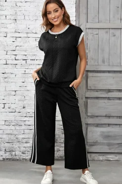 Hot Dear-Lover Cable Knit Contrast Trim Short Sleeve Top and Pants Set Black