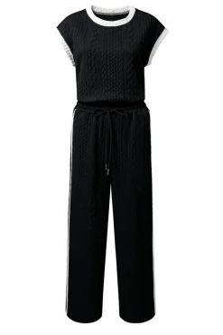 Hot Dear-Lover Cable Knit Contrast Trim Short Sleeve Top and Pants Set Black