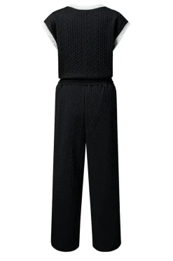 Hot Dear-Lover Cable Knit Contrast Trim Short Sleeve Top and Pants Set Black