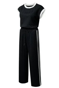 Hot Dear-Lover Cable Knit Contrast Trim Short Sleeve Top and Pants Set Black