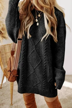 Sale Dear-Lover Cable Knit Drop Shoulder Loose Fit Sweater Dress Black