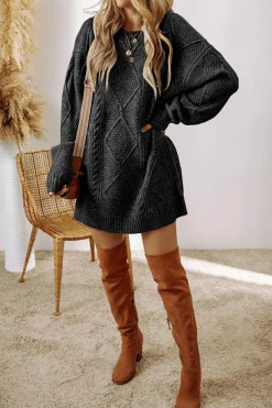 Sale Dear-Lover Cable Knit Drop Shoulder Loose Fit Sweater Dress Black