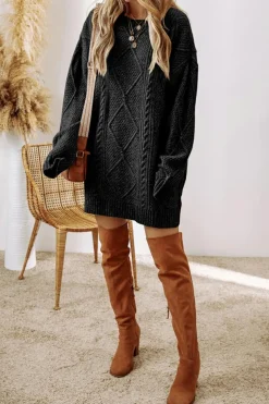 Sale Dear-Lover Cable Knit Drop Shoulder Loose Fit Sweater Dress Black