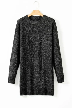 Sale Dear-Lover Cable Knit Drop Shoulder Loose Fit Sweater Dress Black