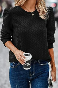 Clearance Dear-Lover Cable Textured Puff Sleeve Sweatshirt Black