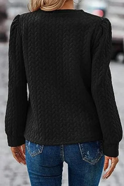 Clearance Dear-Lover Cable Textured Puff Sleeve Sweatshirt Black