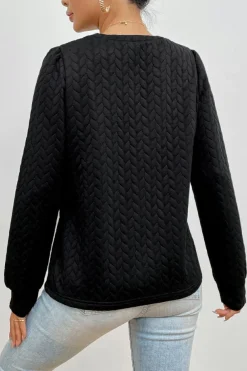 Clearance Dear-Lover Cable Textured Puff Sleeve Sweatshirt Black