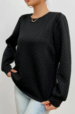 Clearance Dear-Lover Cable Textured Puff Sleeve Sweatshirt Black