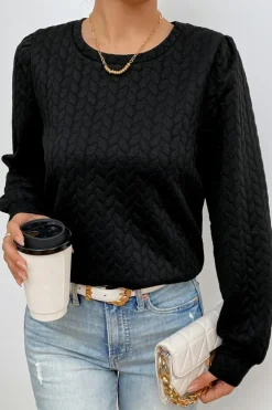 Clearance Dear-Lover Cable Textured Puff Sleeve Sweatshirt Black
