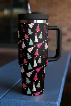 Online Dear-Lover Cartoon Christmas Tree Printed Thermos Cup 40oz Black