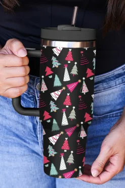 Online Dear-Lover Cartoon Christmas Tree Printed Thermos Cup 40oz Black