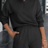 New Dear-Lover Casual High Neck Henley Top and Short Outfit Black
