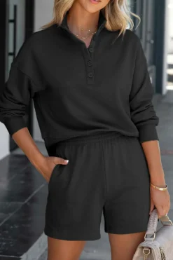 New Dear-Lover Casual High Neck Henley Top and Short Outfit Black