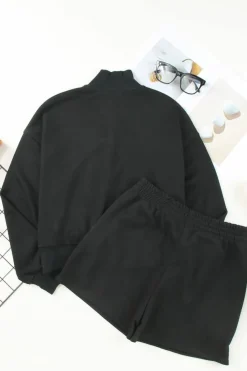 New Dear-Lover Casual High Neck Henley Top and Short Outfit Black