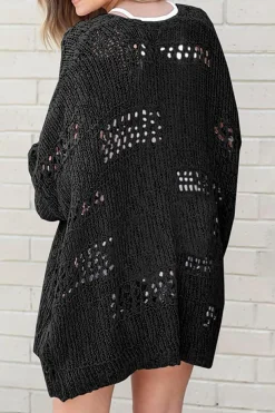 Fashion Dear-Lover Casual Hollowed Knit Dolman Sleeve Cardigan Black