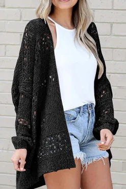 Fashion Dear-Lover Casual Hollowed Knit Dolman Sleeve Cardigan Black