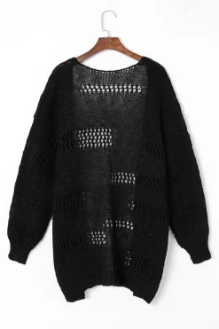 Fashion Dear-Lover Casual Hollowed Knit Dolman Sleeve Cardigan Black