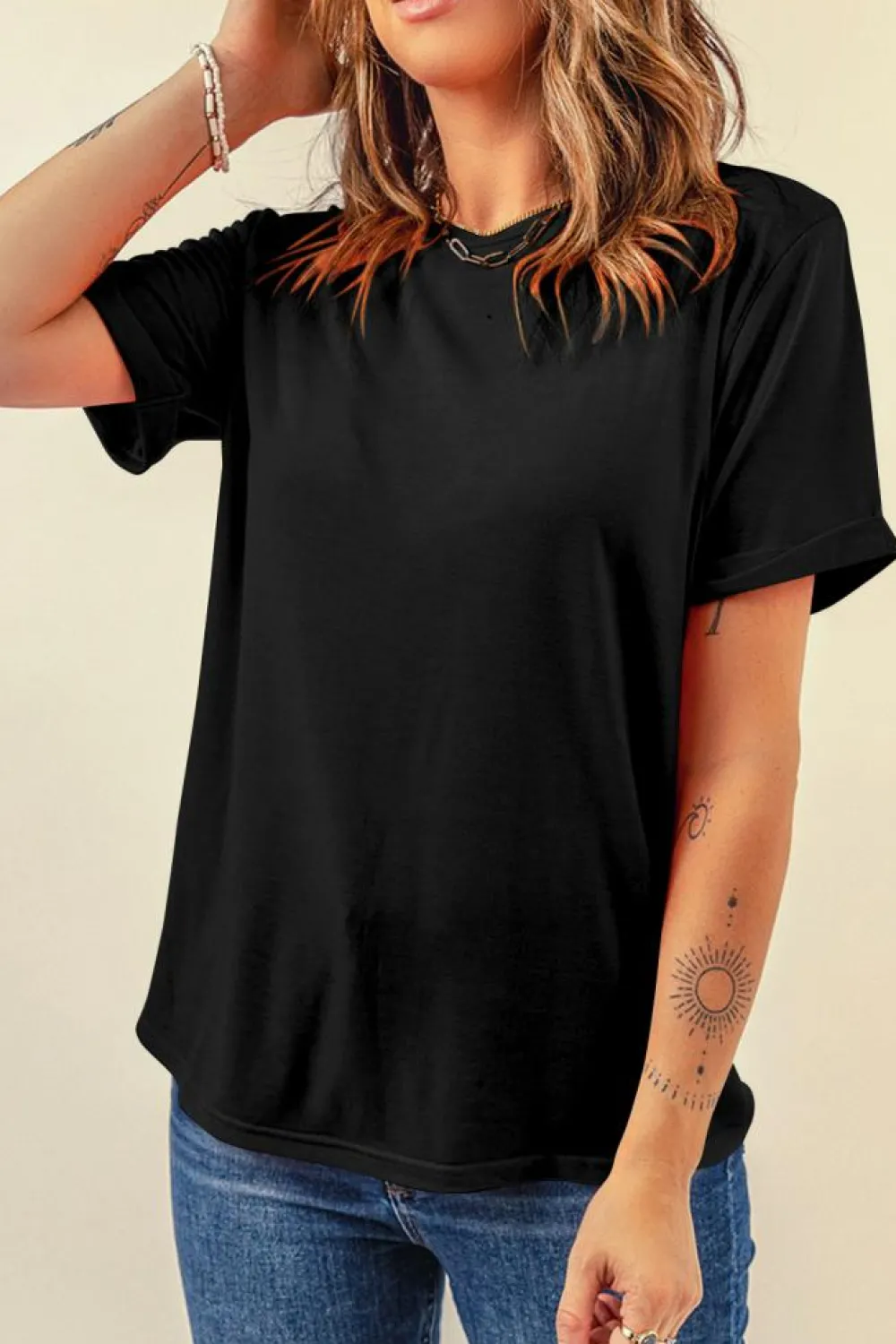 Clearance Dear-Lover Casual Plain Crew Neck Tee Black