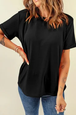 Clearance Dear-Lover Casual Plain Crew Neck Tee Black