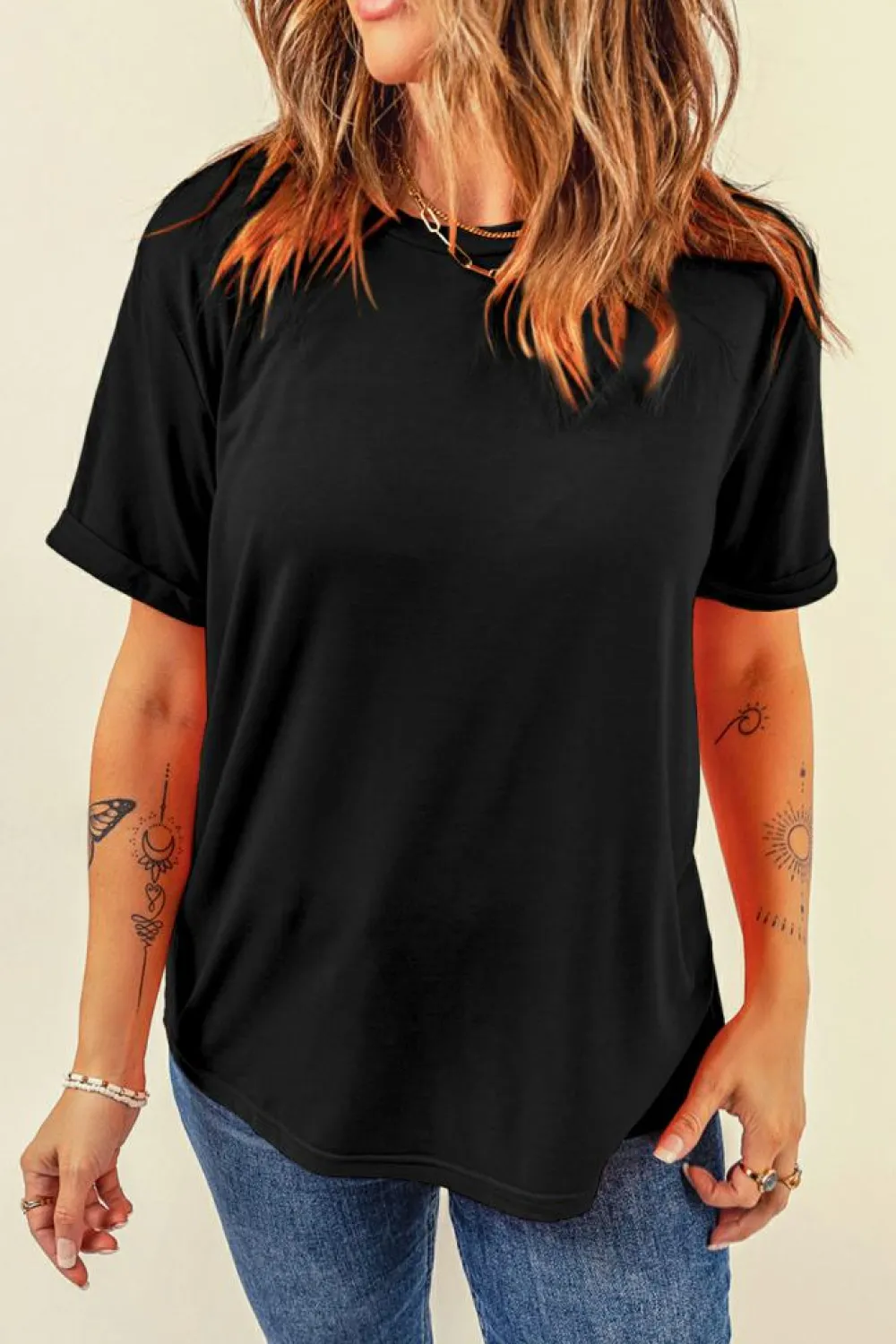 Clearance Dear-Lover Casual Plain Crew Neck Tee Black