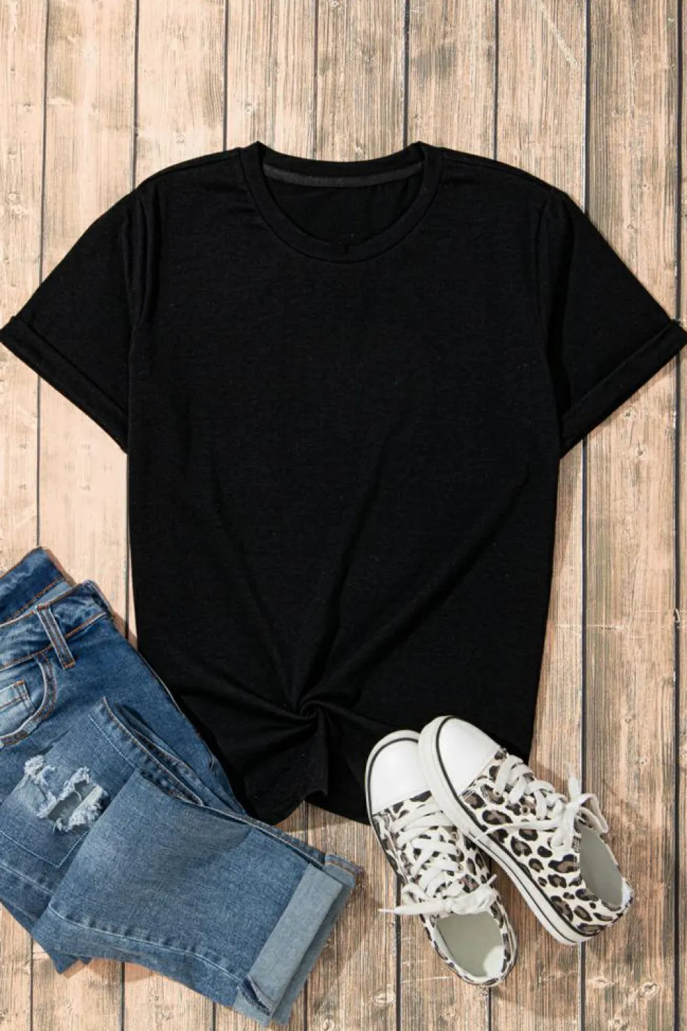 Clearance Dear-Lover Casual Plain Crew Neck Tee Black