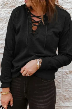 Discount Dear-Lover Casual Solid Color Lace-up Hoodie Black