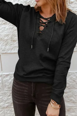 Discount Dear-Lover Casual Solid Color Lace-up Hoodie Black