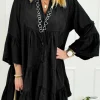 Online Dear-Lover Chambray Ruffled 3/4 Sleeve Tiered Split V Neck Mini Dress Black