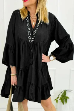 Online Dear-Lover Chambray Ruffled 3/4 Sleeve Tiered Split V Neck Mini Dress Black