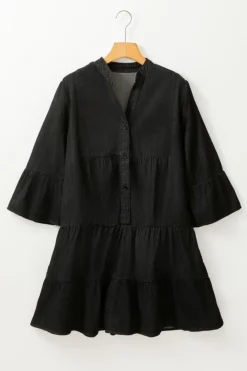 Online Dear-Lover Chambray Ruffled 3/4 Sleeve Tiered Split V Neck Mini Dress Black