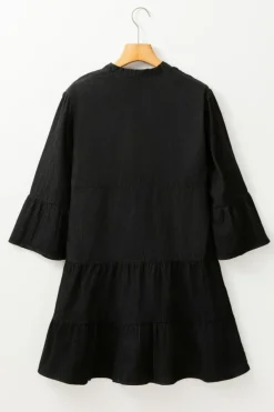 Online Dear-Lover Chambray Ruffled 3/4 Sleeve Tiered Split V Neck Mini Dress Black