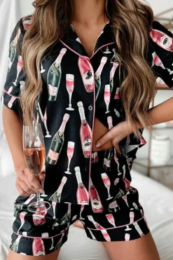 Sale Dear-Lover Champagne Print Silky Short Sleeve Pajamas Set Black