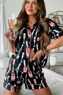 Sale Dear-Lover Champagne Print Silky Short Sleeve Pajamas Set Black