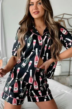 Sale Dear-Lover Champagne Print Silky Short Sleeve Pajamas Set Black