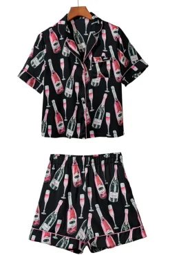 Sale Dear-Lover Champagne Print Silky Short Sleeve Pajamas Set Black