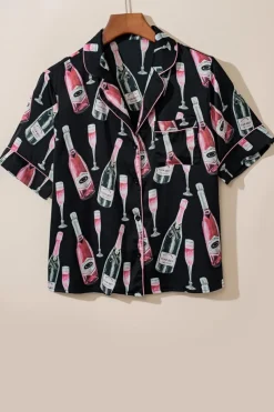 Sale Dear-Lover Champagne Print Silky Short Sleeve Pajamas Set Black