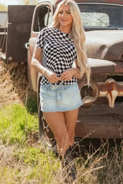 Hot Dear-Lover Checker Mesh Crew Neck T Shirt Black