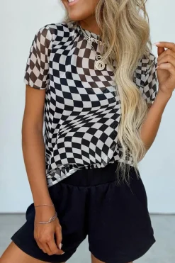 Hot Dear-Lover Checker Mesh Crew Neck T Shirt Black