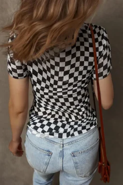 Hot Dear-Lover Checker Mesh Crew Neck T Shirt Black