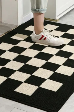 Clearance Dear-Lover Checker Print Non-Slip Thick Home Carpet Black